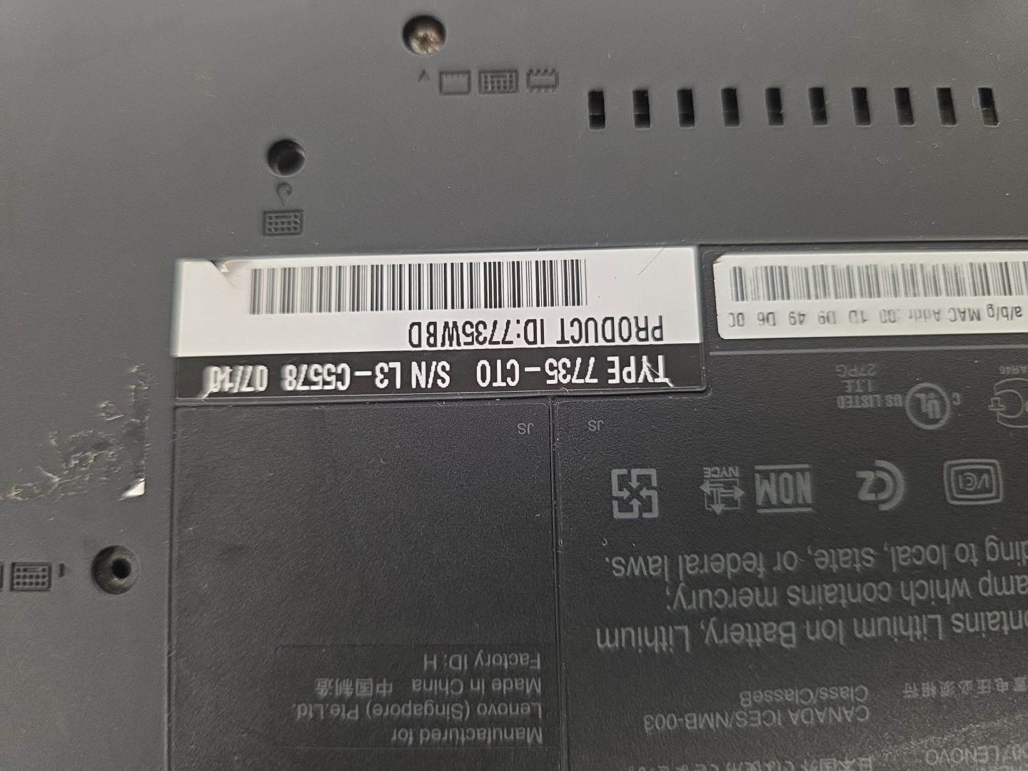 Lenovo ThinkPad R61| 7735-CT0| 512MB RAM| No HDD| No Battery| Bios locked