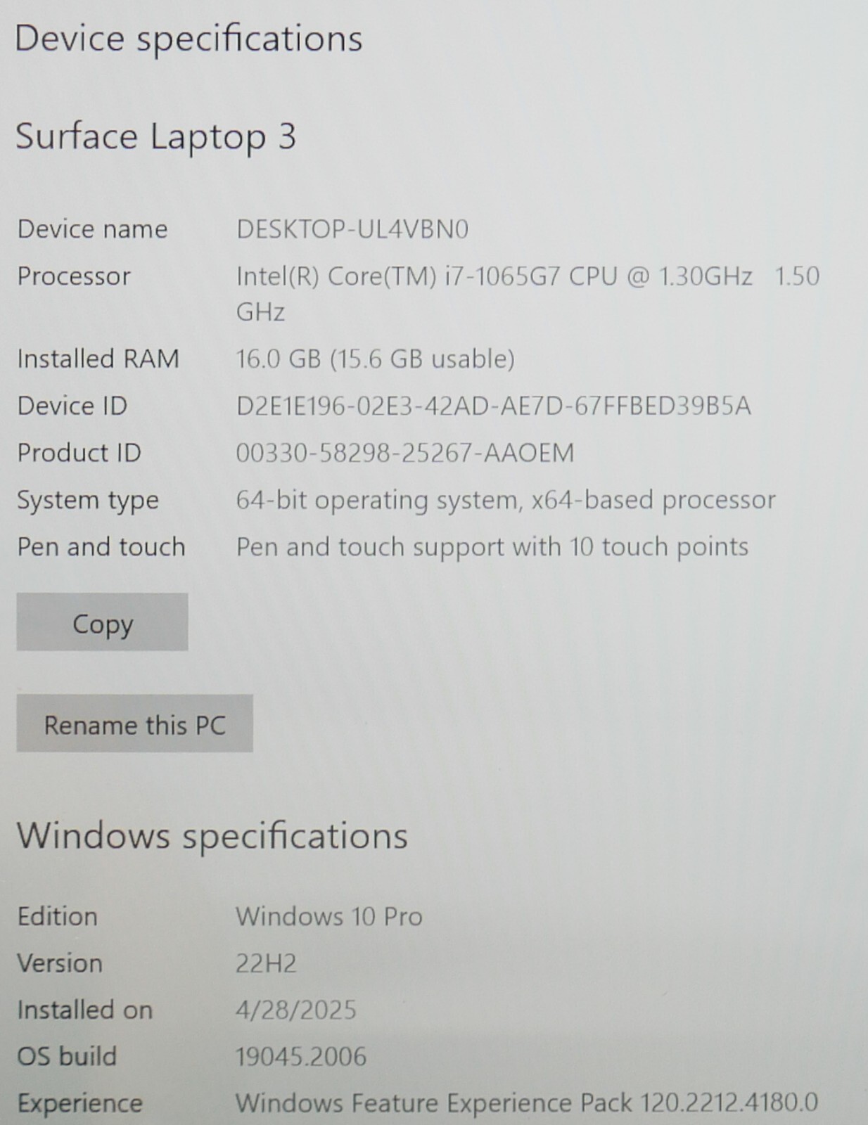 MICROSOFT SURFACE LAPTOP 3 Intel CORE i7-1065g7 16GB RAM 256GB SSD Windows 10Pro