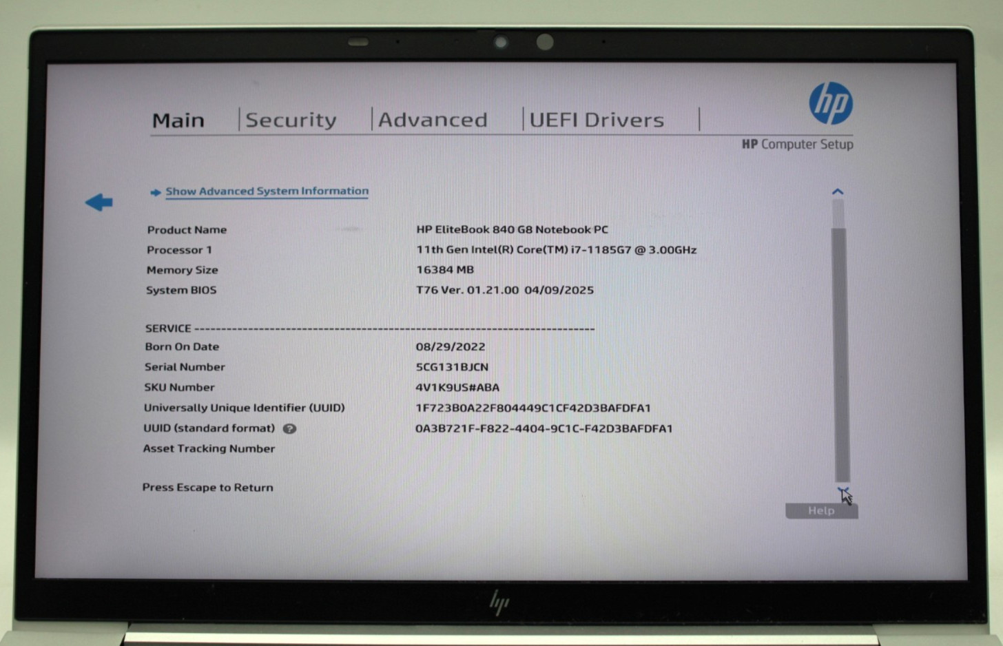 HP EliteBook 840 G8 i7-1185G@3.0GHz 16GB DDR4 256 M.2 NO OS *USED/TESTED*