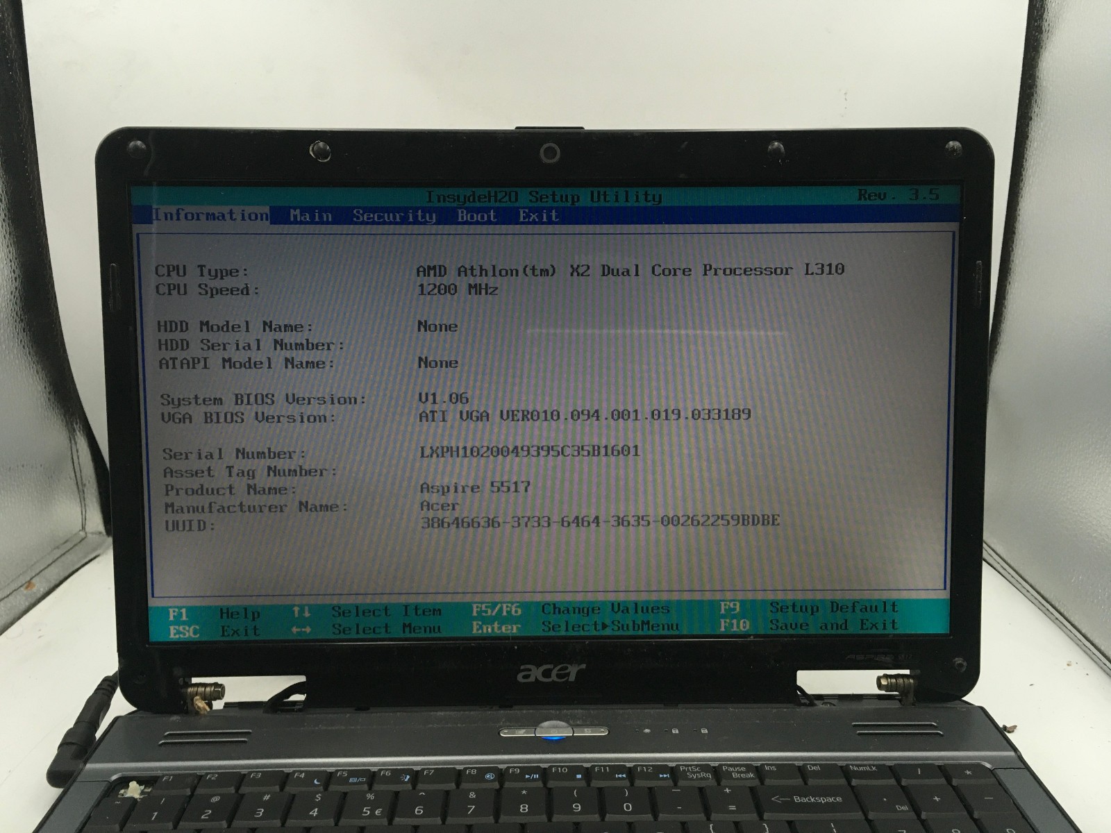 ACER ASPIRE 5517 1208 – BOOTS TO BIOS – AMD ATHLON X2 – 4GB RAM – READ DESC – BB