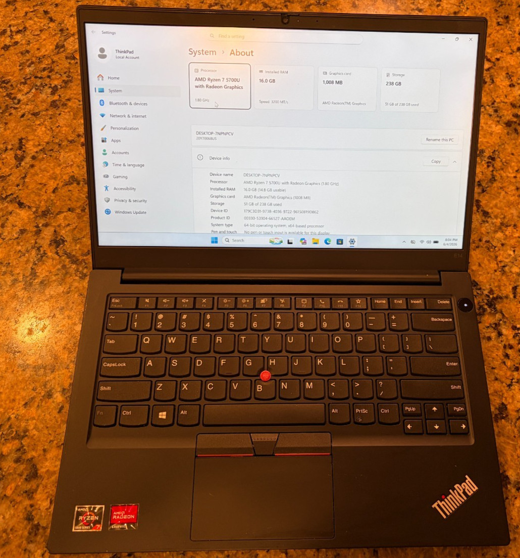 Lenovo ThinkPad E14 Gen 3 14″ Ryzen 7 5700U 16GB RAM 256GB SSD W11P