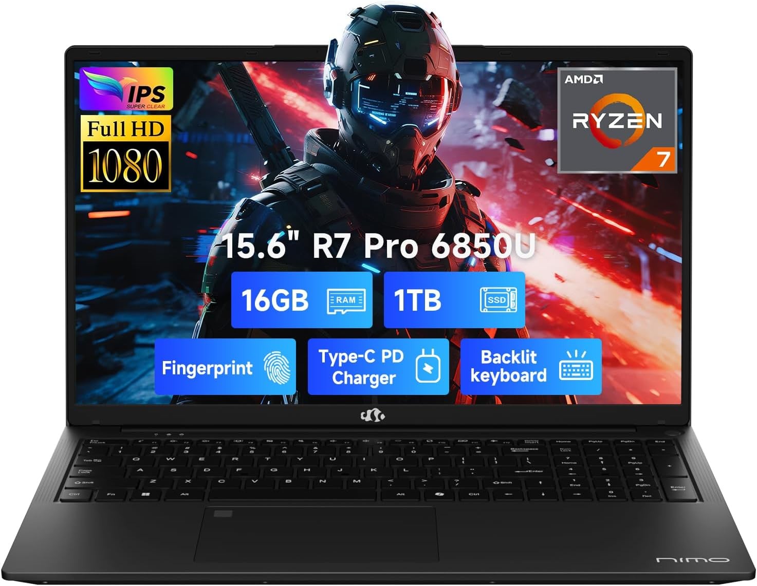 NIMO 15.6″ Light Gaming Laptop 8 Cores AMD Ryzen 7 Pro 6850U 16GB LPDDR5 RAM 1TB