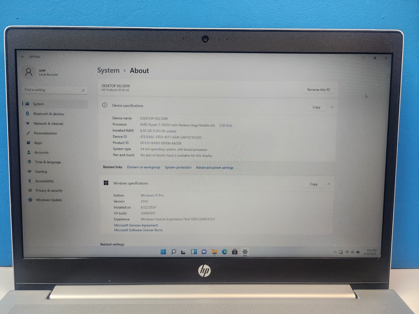 HP ProBook 455R G6 256GB AMD Ryzen 5 3500U 8GB RAM WIN 11 PRO Radeon Vega GFX