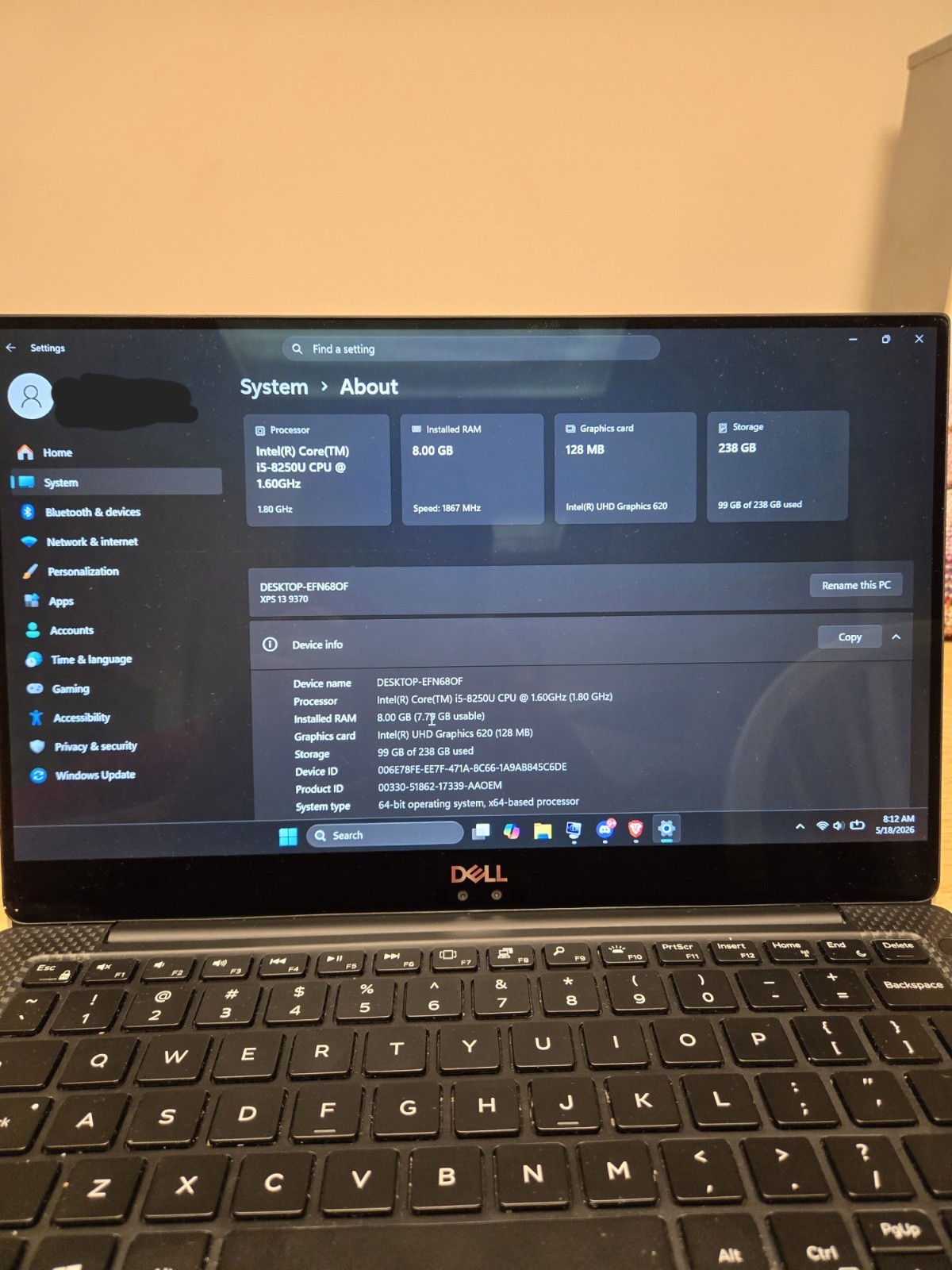 Dell XPS 13 9370 13.3″Core Intel i5-8250U @1.60GHz 8GB RAM 256GB SSD Win 11
