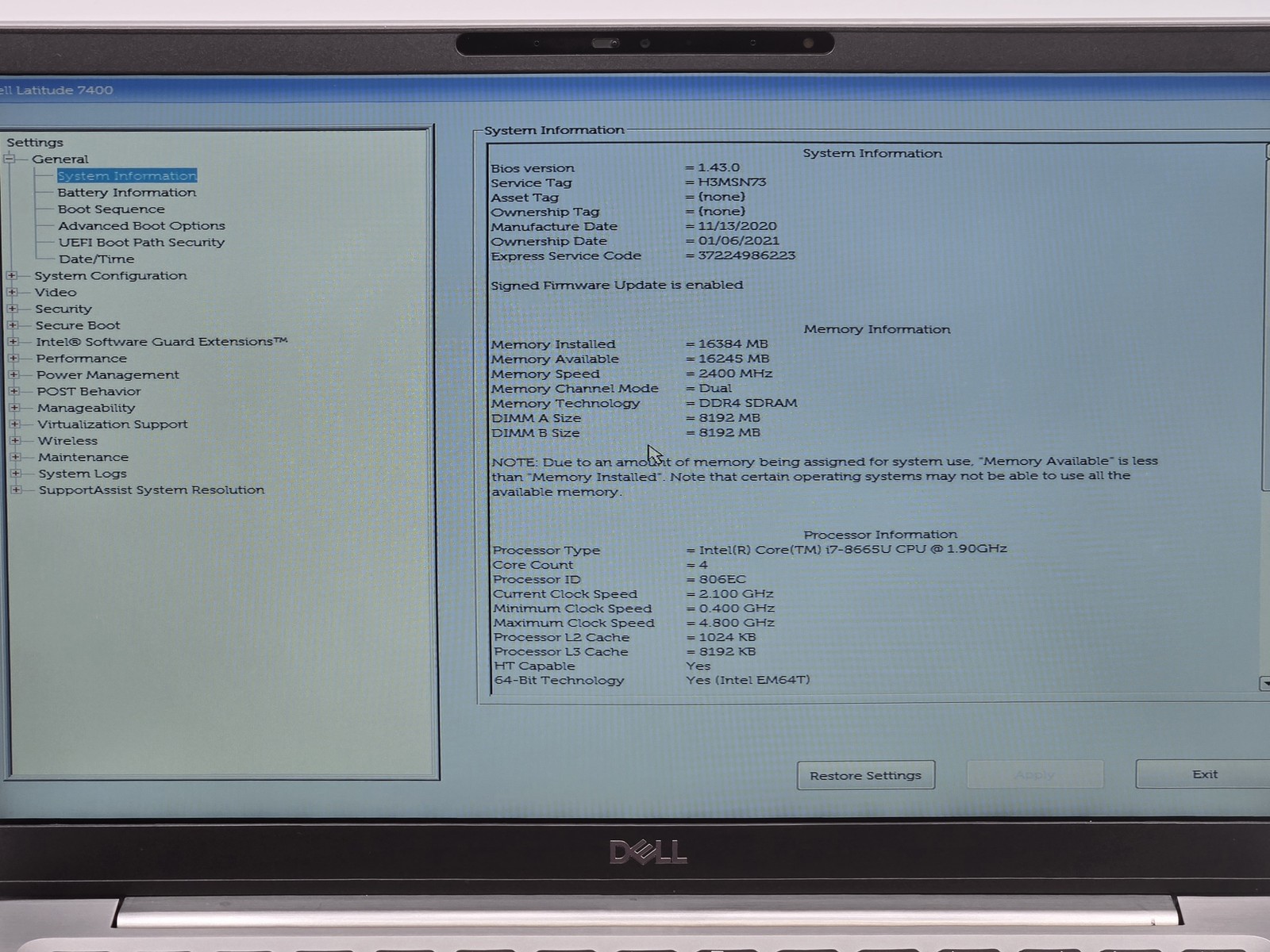 Dell Latitude 7400 14″ HD I7-8665U 512GB SSD 16GB W11P Webcam Backlit FP Reader