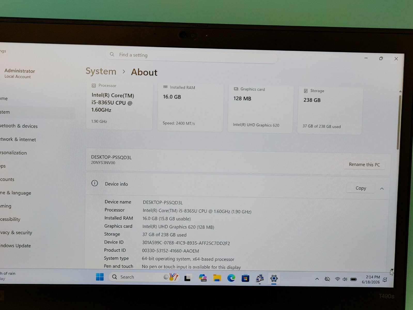 Lenovo T490S THINKPAD 14” PSSQD3L i5-8365U 1.6 16GB RAM 256GB SSD