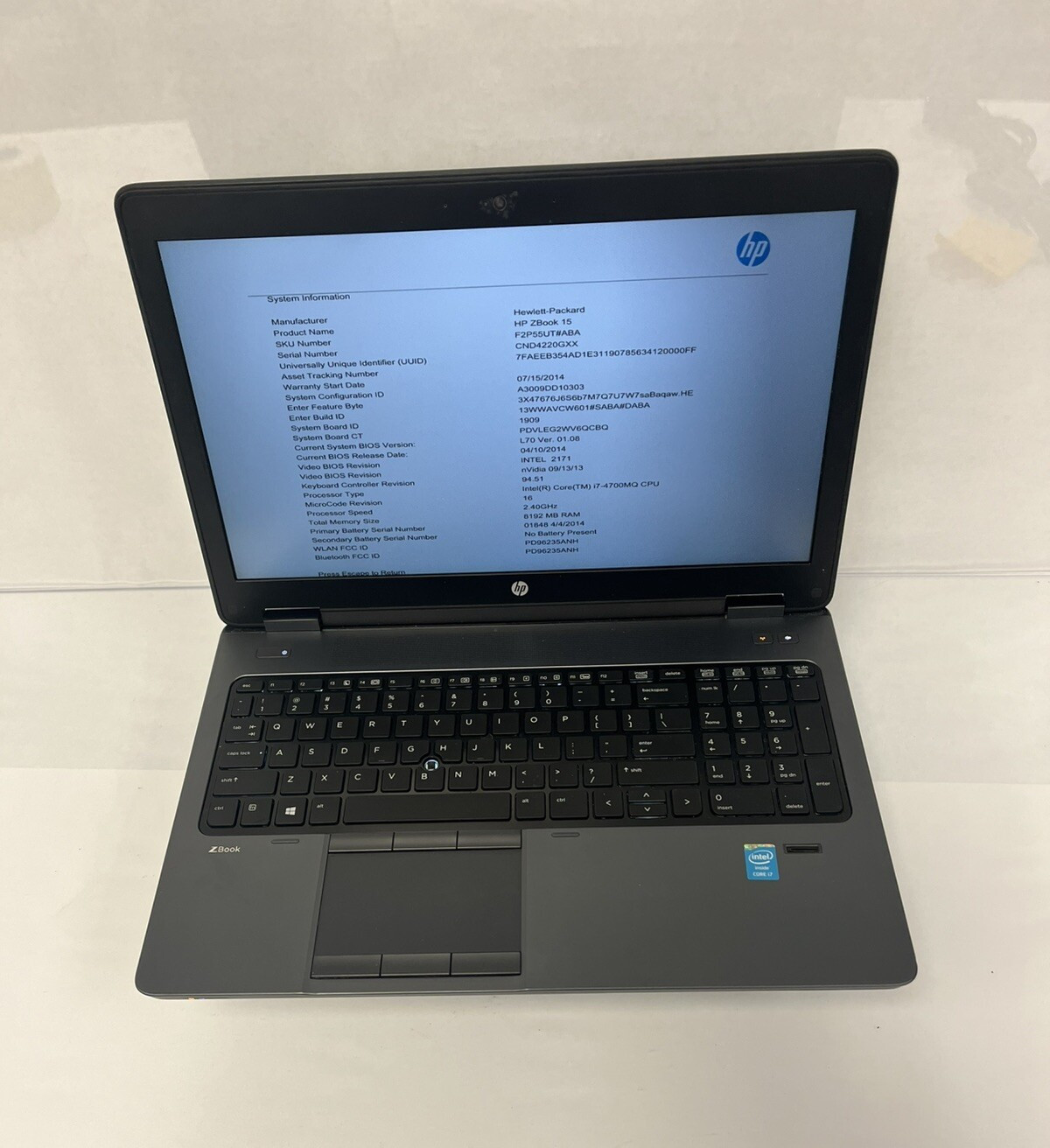 HP ZBook 15 15.6″ INTEL CORE i7-4700MQ 2.40GHz 8GB RAM No HDD NO OS
