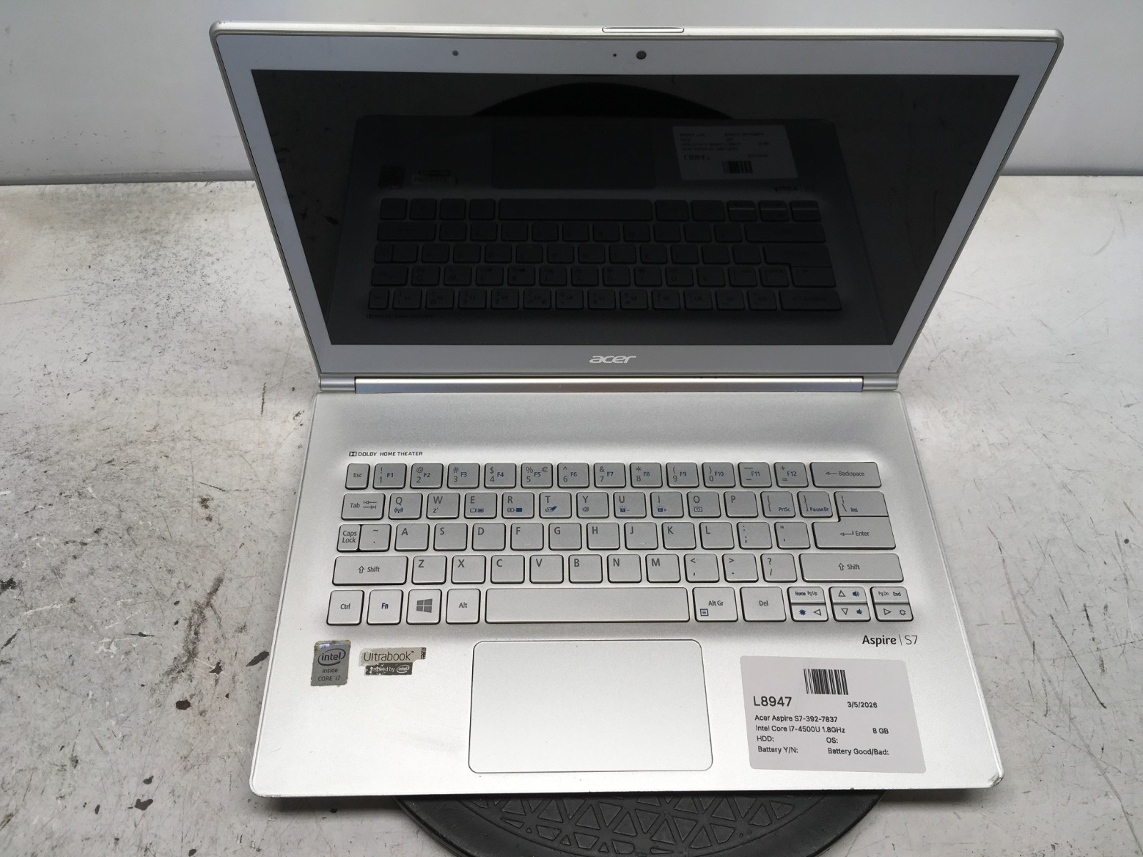 Acer Aspire S7-392-7837 Intel Core i7-4500U 1.8GHz 8 GB NO HDD
