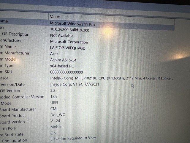 Acer A515-54 Laptop (i5-10210U 1.6 Ghz, 20GB, 512GB SSD & Power Supply) Batt=DOA
