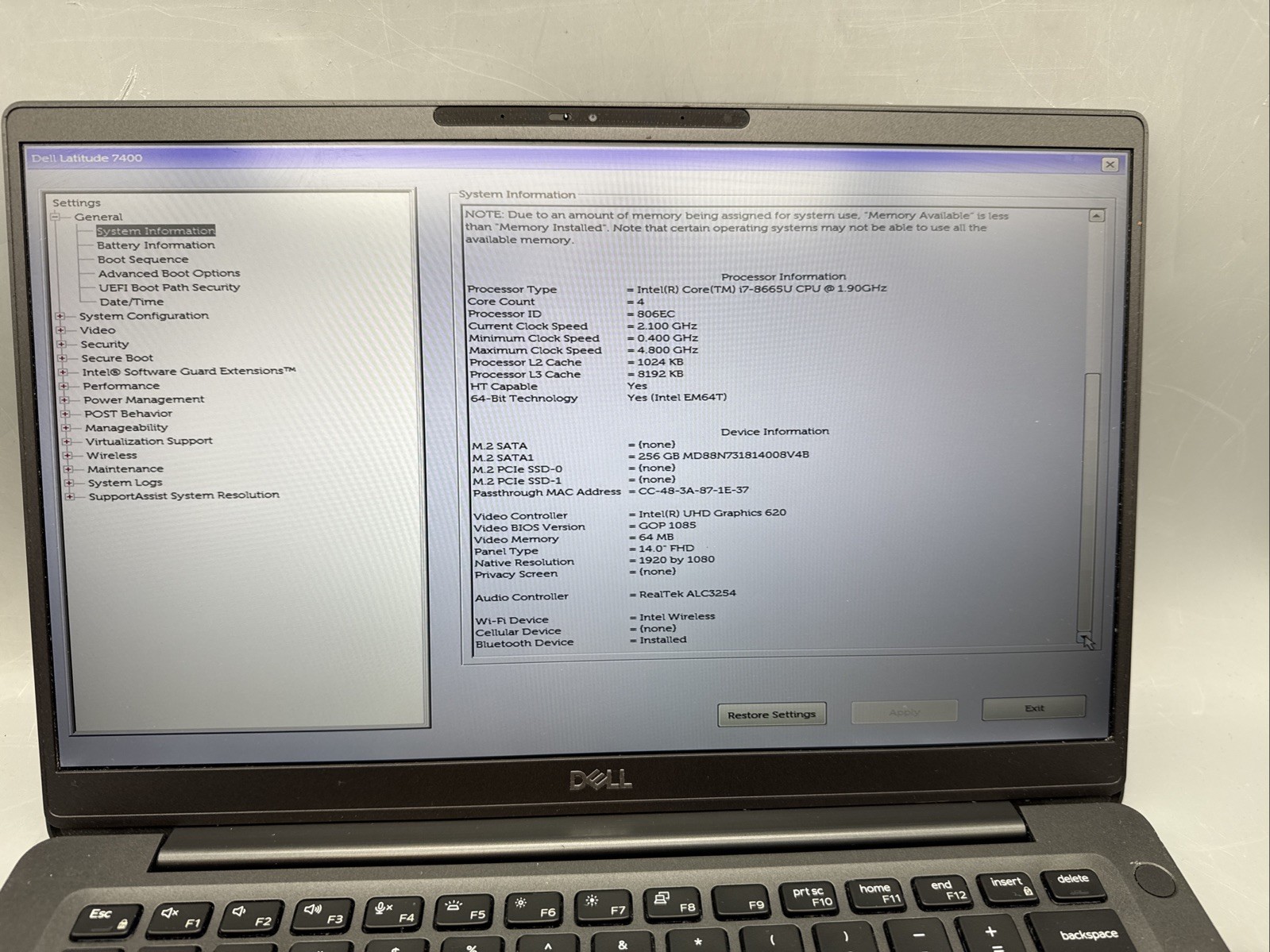 Dell Latitude 7400 14″ Core i7-8665U 1.9GHz 16GB RAM 256GB HD,NO OS