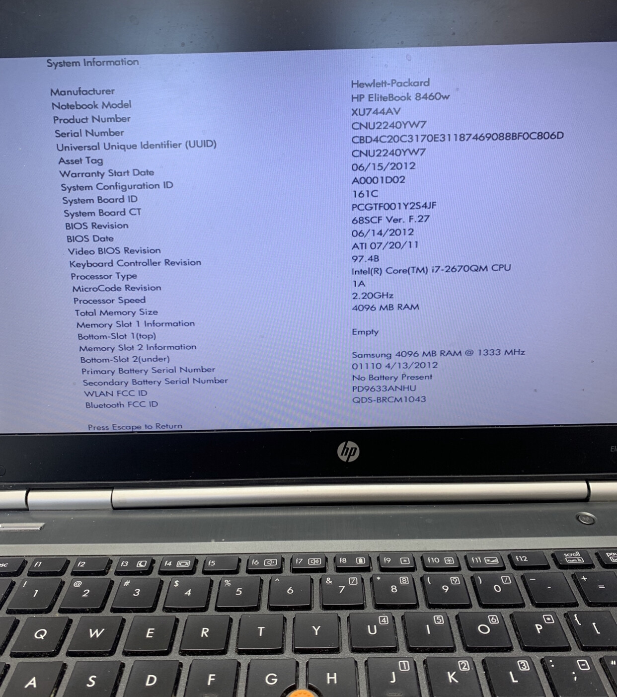 HP EliteBook 8460W i7-2670QM 2.20GHz 4GB not hard drive