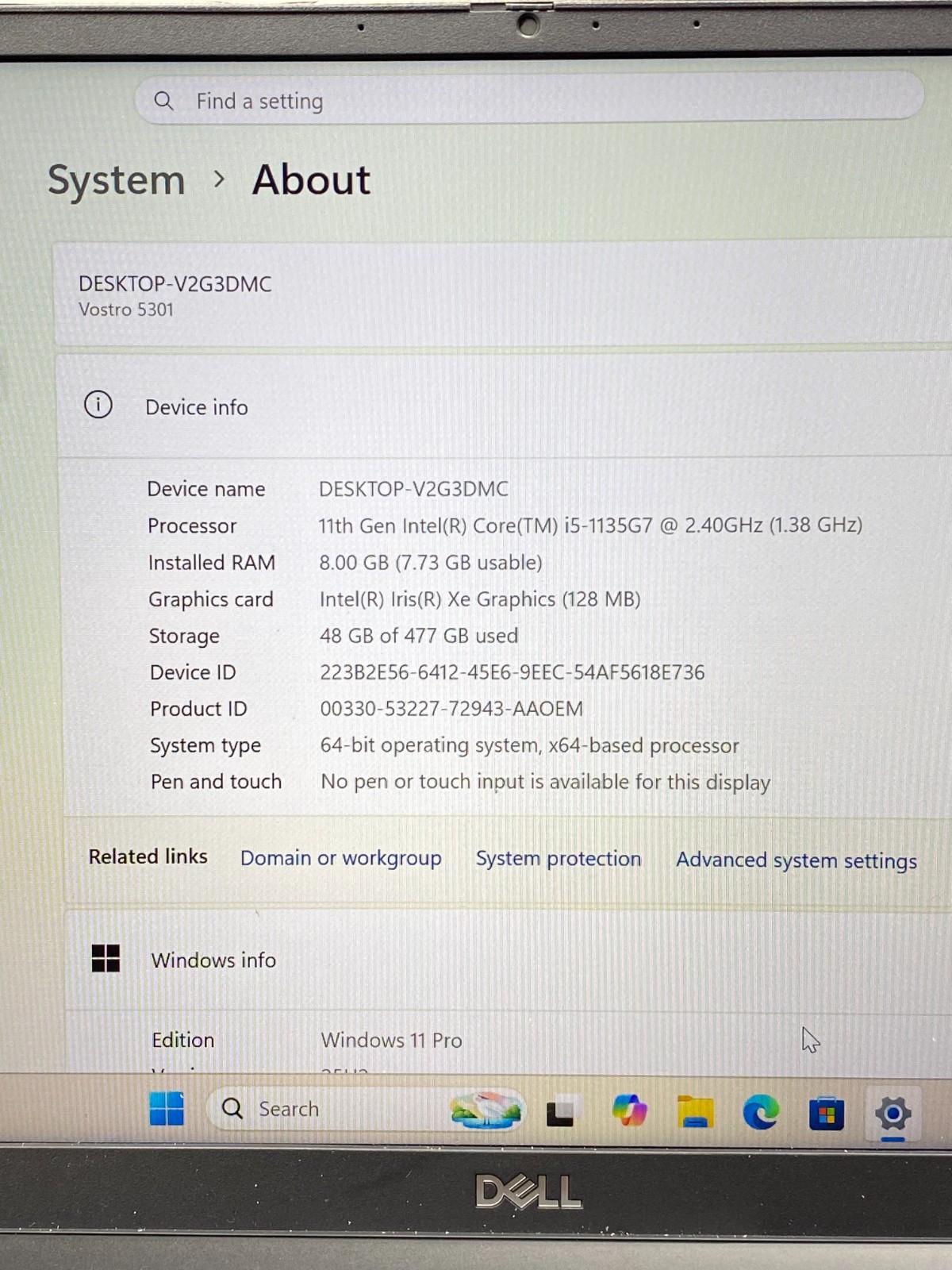 DELL VOSTRO 5301 i5-1135G7@2.40GHz 8GB RAM 512GB SSD NVMe W11P *READ