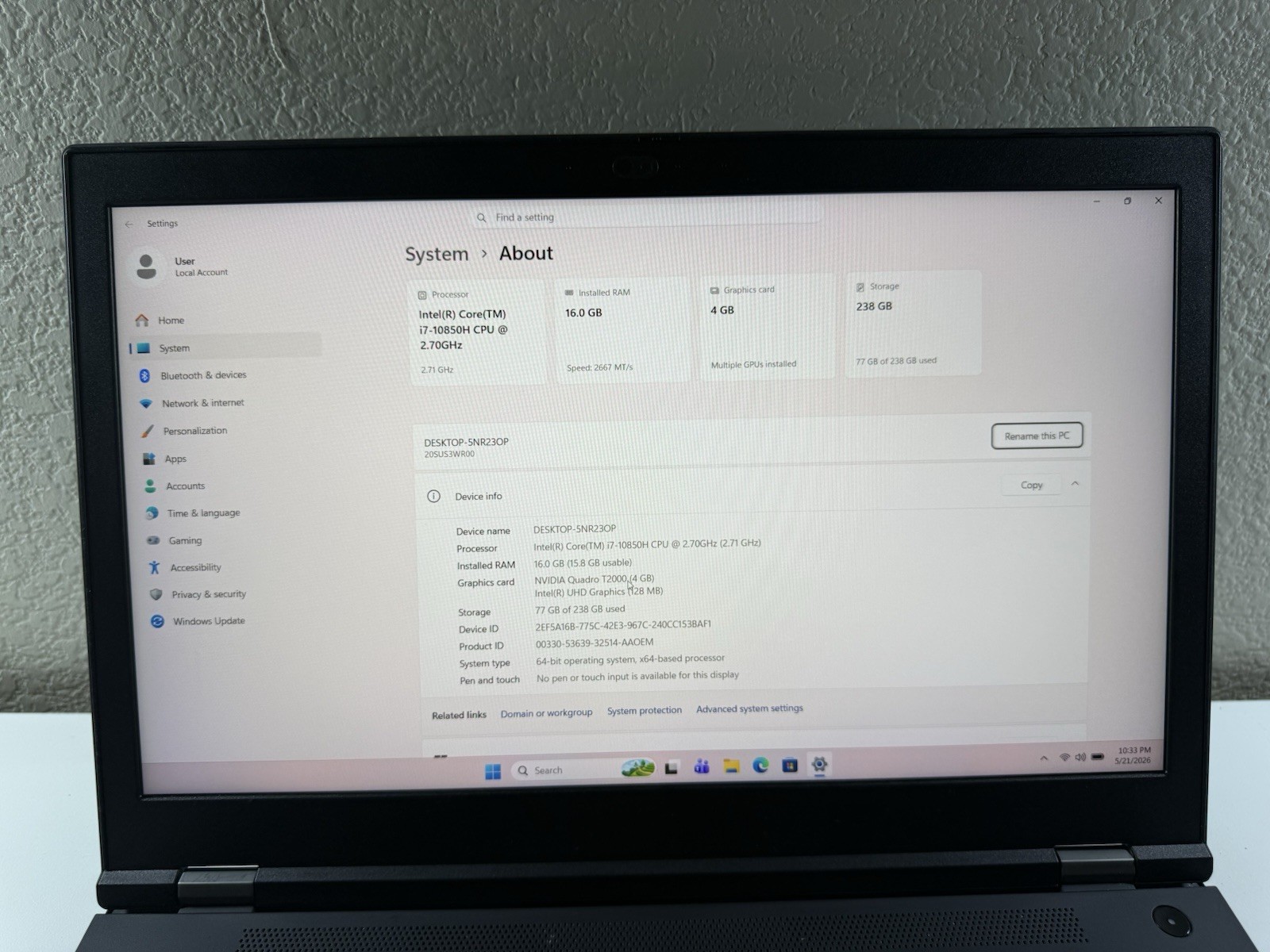 LENOVO THINKPAD P15 GEN 1 | CORE I7-10850H 256GB 16GB RAM WIN 11 NVIDIA T2000