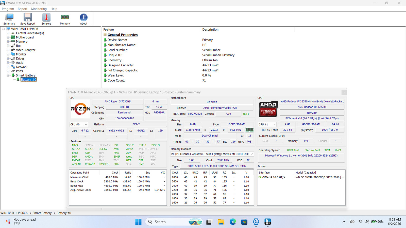 HP Victus 15-fb2063dx 15.6in FHD Ryzen 5 7535HS RX 6550M 8GB 512GB SSD READ