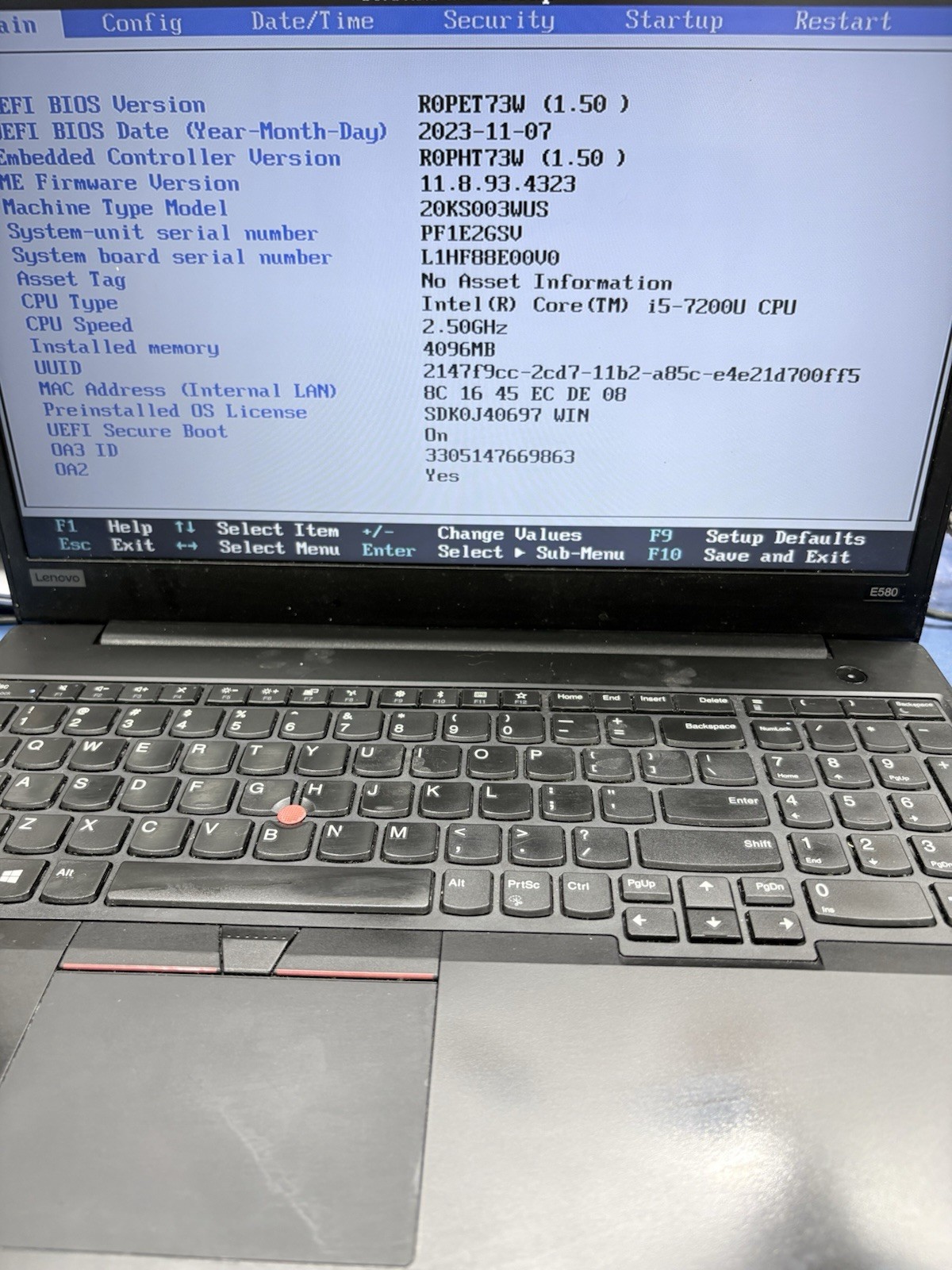 LENOVO THINKPAD E580 INTEL CORE I5-7200U 2.50GHZ 4gb Ram No HD #217