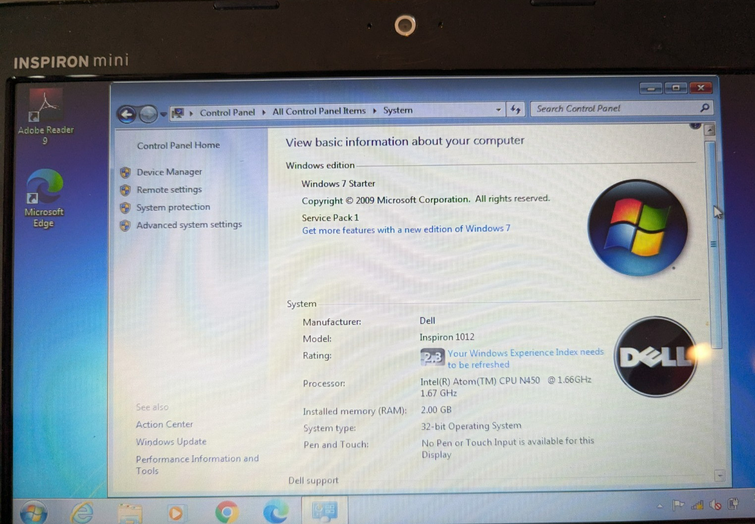 Dell Inspiron Mini 1012 Intel Atom N450 1.6GHz 2GB RAM 250GB HDD Win 7, TESTED