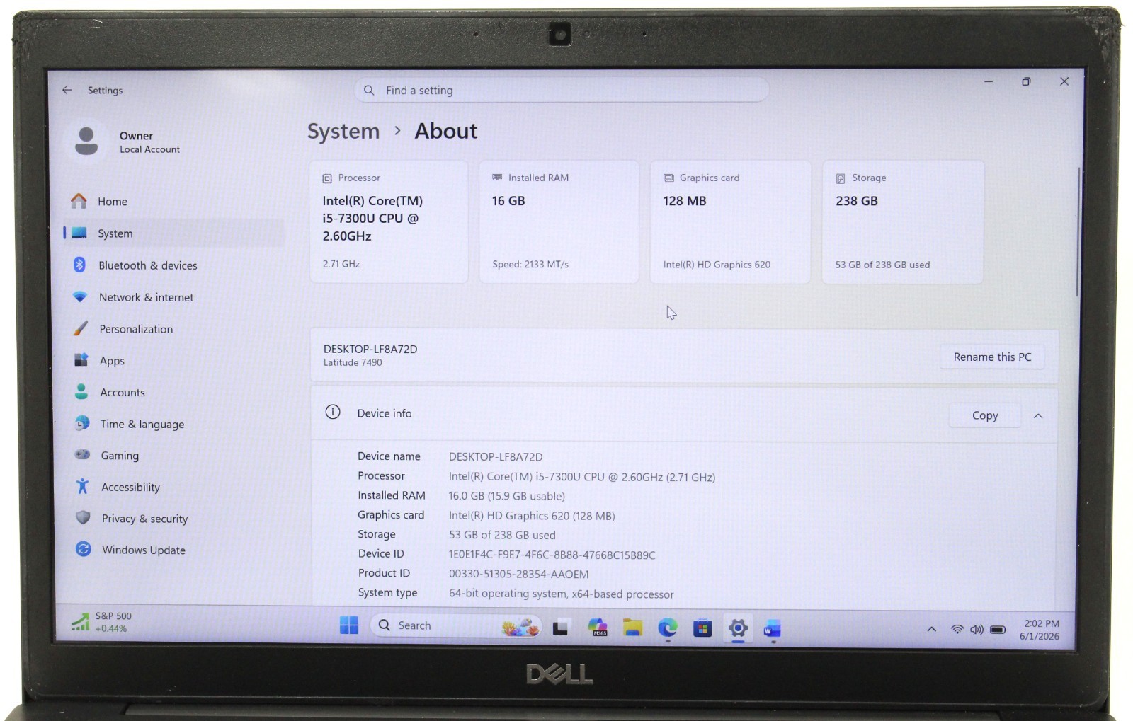 DELL LATITUDE 7490 14″ 2.6GHz i5-7300U 256GB SSD 16GB RAM Win 11 Pro ; 6181931