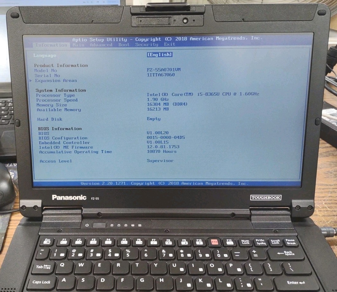 Panasonic ToughBook FZ-55 W/ i5-8365U, 16GB RAM, NO HDD OR HDD COVER. NON TOUCH