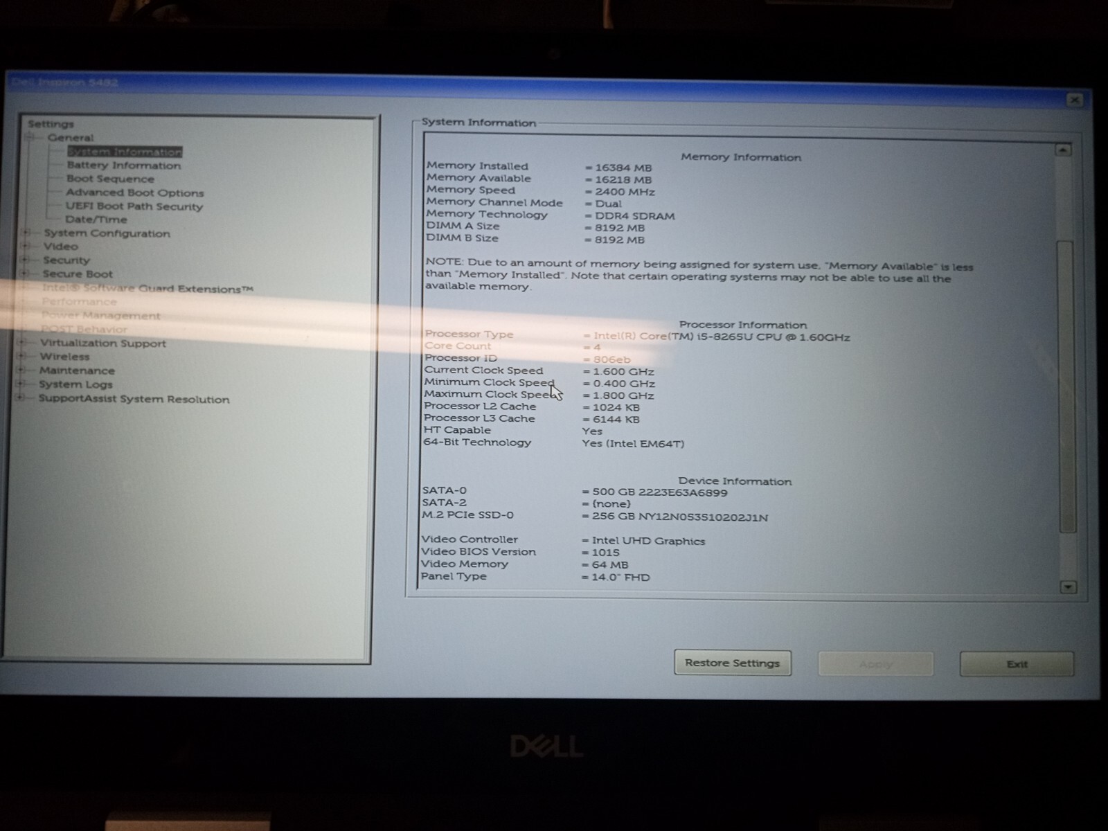 DELL INSPIRON 5482 2 In 1 INTEL I5-8265U 1.60GHZ 16GB RAM 256Gb & 500GB SSD
