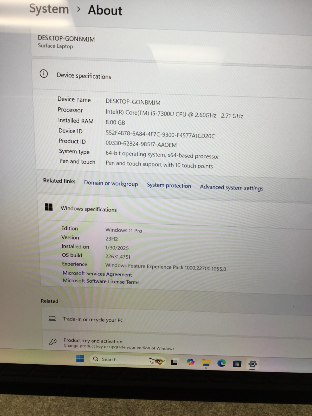 Microsoft Surface laptop13.5” 256 GB Core i5 7th Gen 2.60GHz 8GB RAM WIN 11 PRO