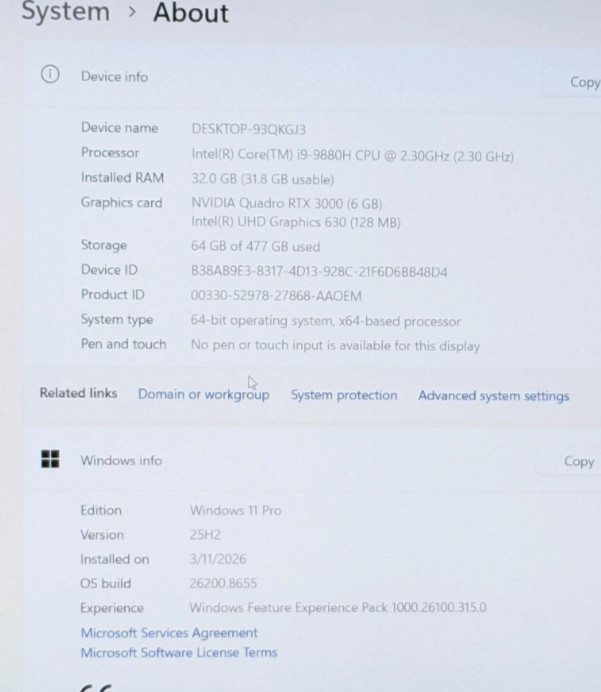 Dell Precision 7540 15.6″ i9-9880H 2.30GHz 32GB 512GB SSD W11P RTX 3000 GS1SW33