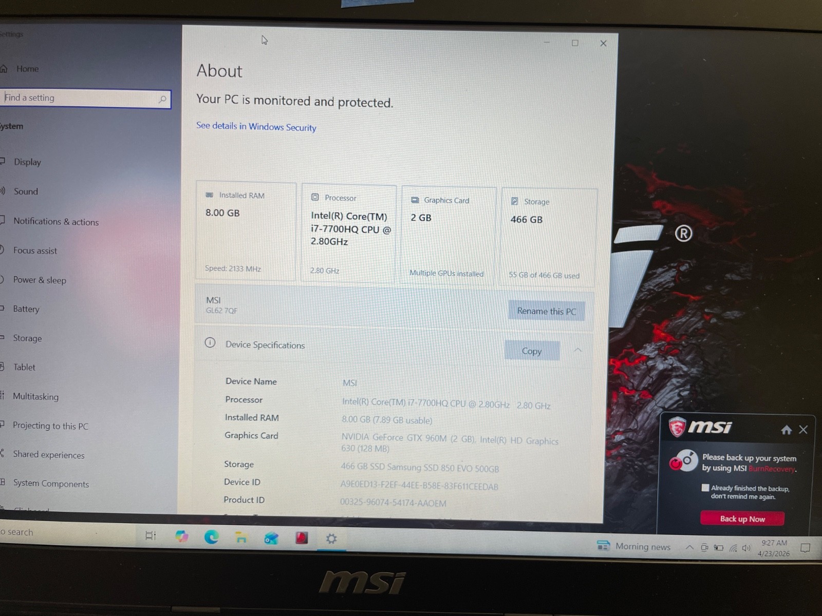 MSI GL62 7QF 15.6″ Laptop i7 – 8GB Memory – NVIDIA GeForce GTX 960M – 500GB SSD