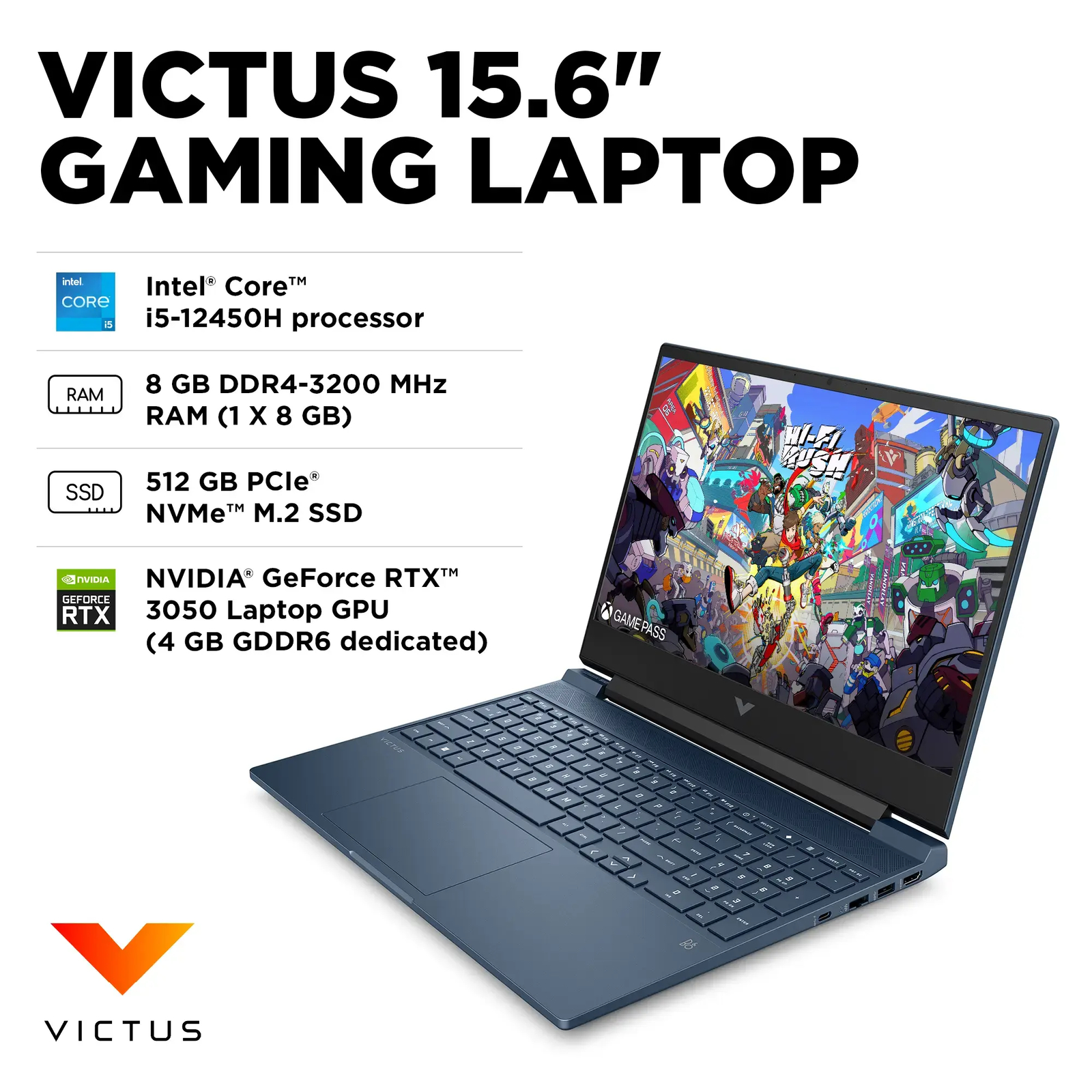 New HP Victus 15.6 Intel i5-12450H/8G/512G SSD/GeForceRTX3050 Gaming 15-FA0033DX