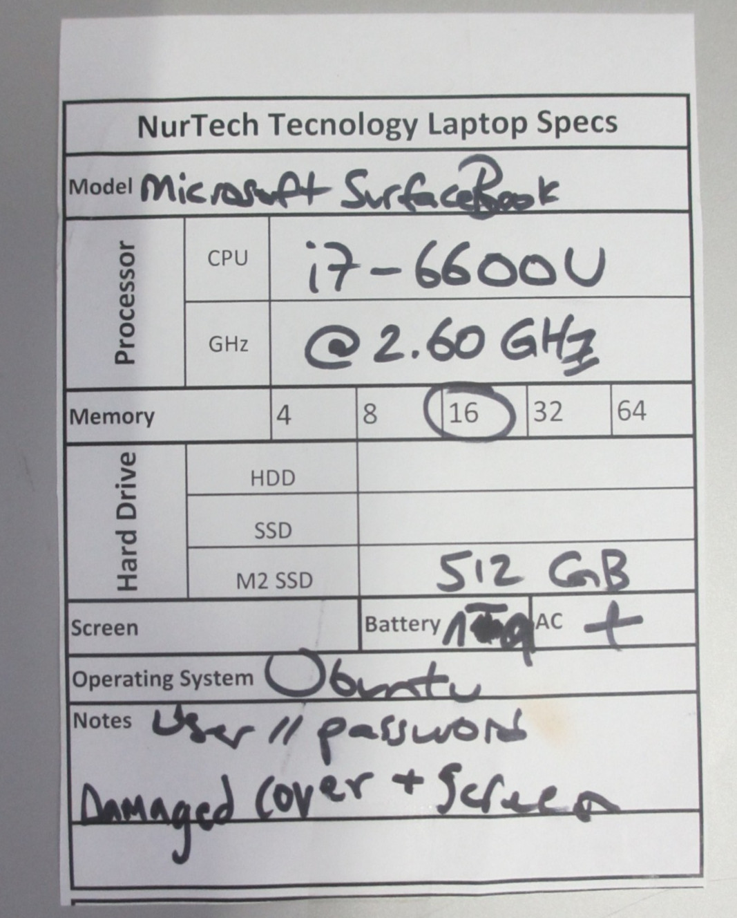 Microsoft SurfaceBook i7 2.6GHz 16GB/512GB M2 SSD Ubuntu Laptop +AC READ