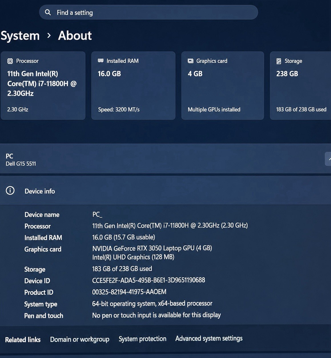 Dell G15 5511 15.6″ Gaming Laptop i7-11800H 16GB RTX 3050 238GB SSD