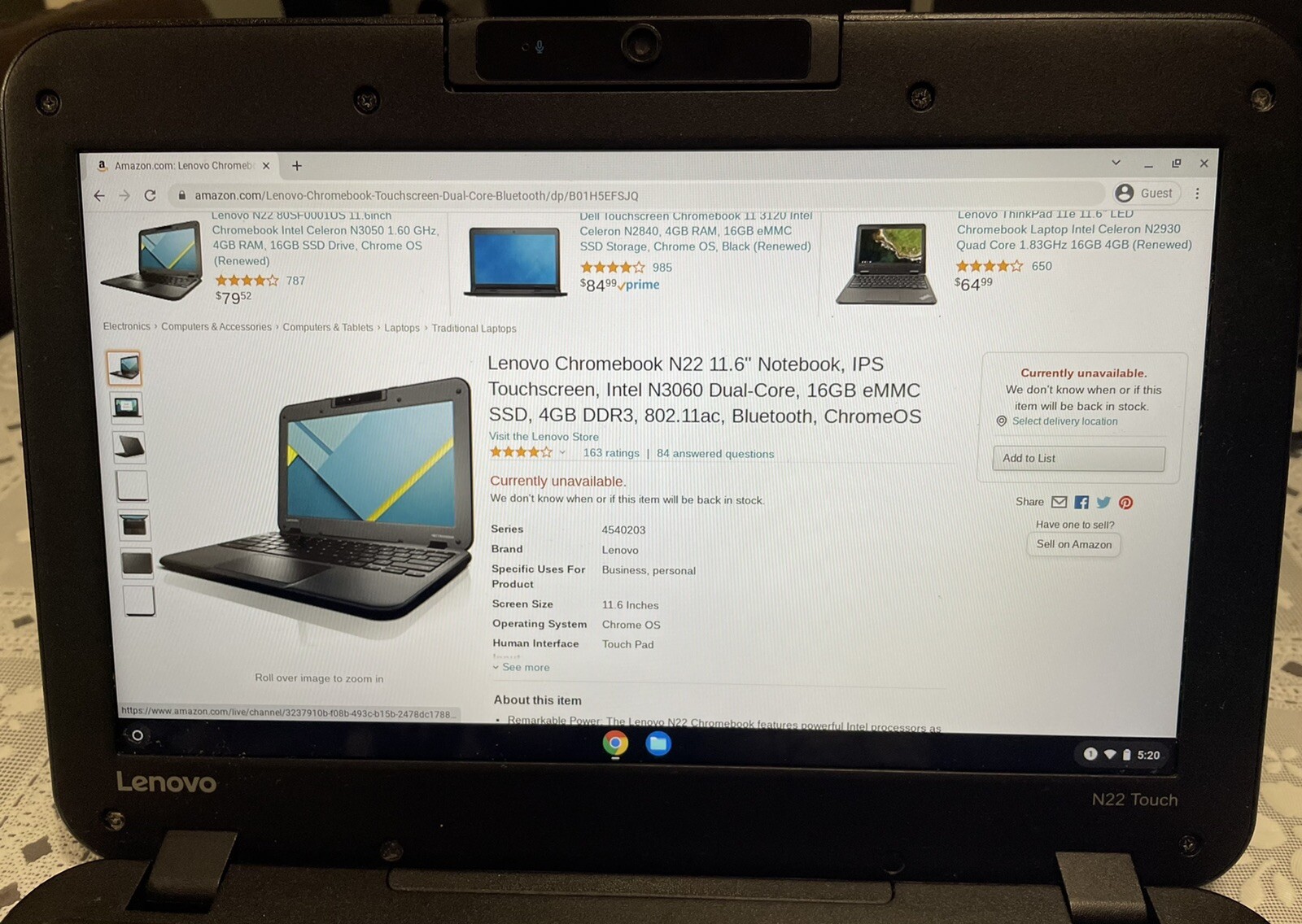 Lenovo N22 Touch, Laptop Chromebook 11.6″ Intel Celeron N3060 4 GB -16 GB HDMI 