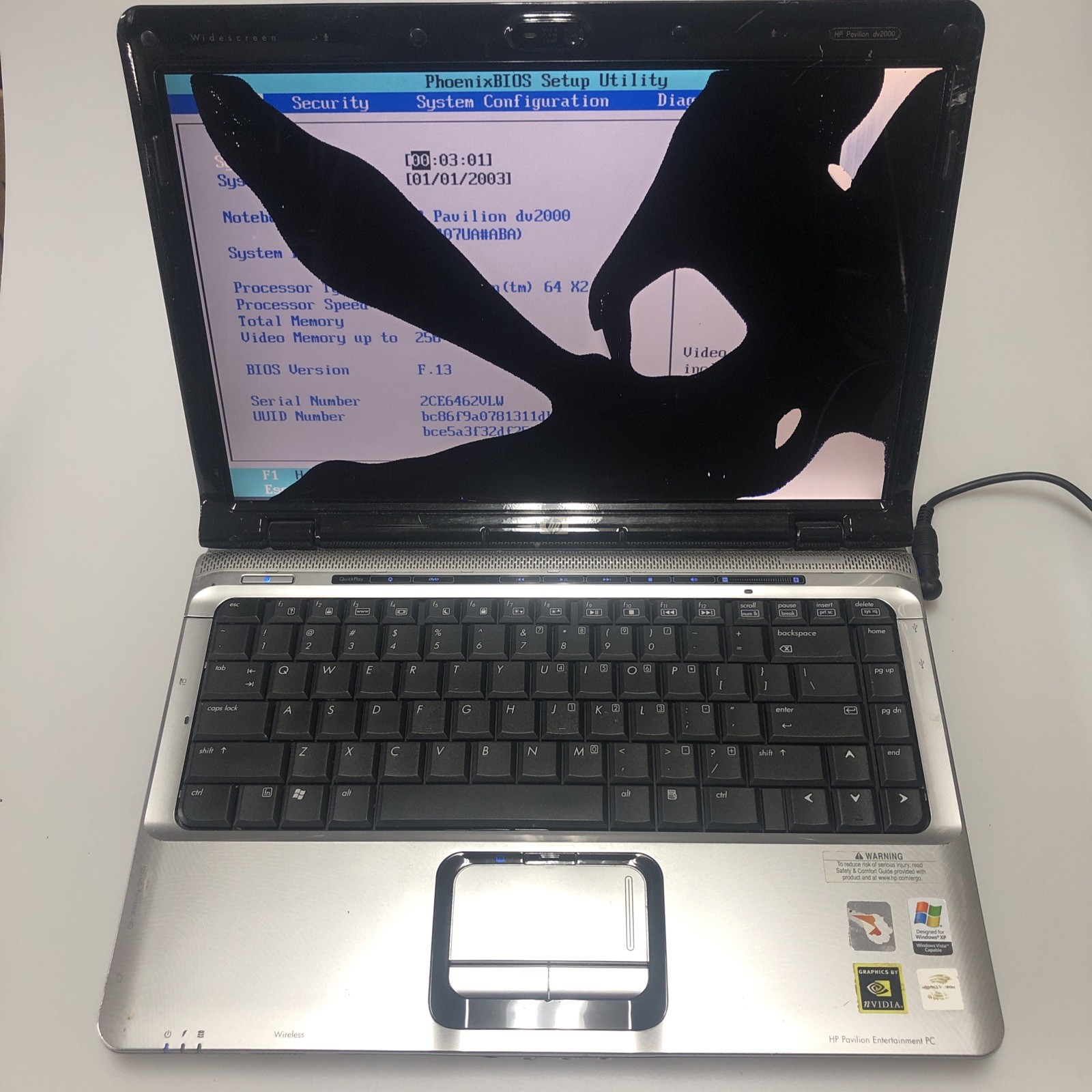 14.1” HP Pavilion dv2000 DV2171CL Laptop Scraps/Salvage