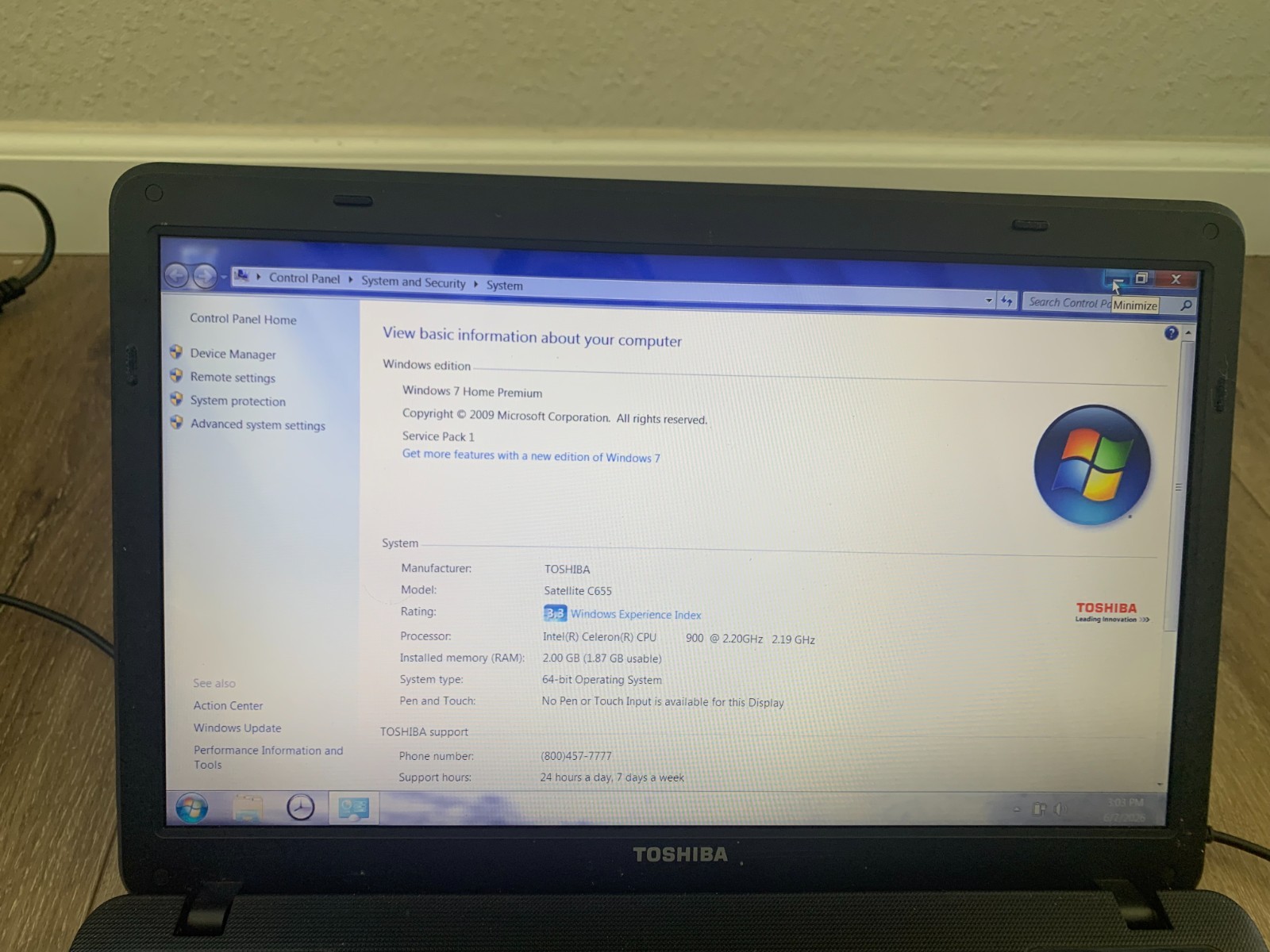 Toshiba Satellite C655-S5049 15.6″ Intel Celeron 900 2.20GHz 2GB RAM 250GB Win 7
