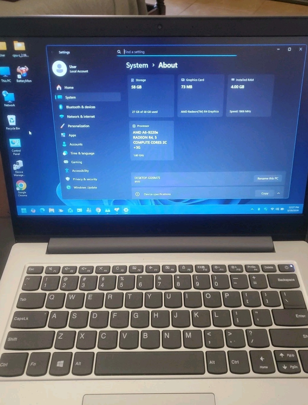 Lenovo IdeaPad Slim 1-14ast-05 Laptop AMD A6 2.4GHz 4GB 64gb SSD Wifi Webcam