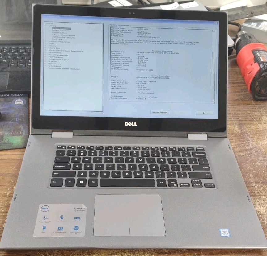 DELL INSPIRON 15 5579 2N1 TOUCH W/ i7-8550U 1.8GHz, 8GB RAM, 250GB HDD
