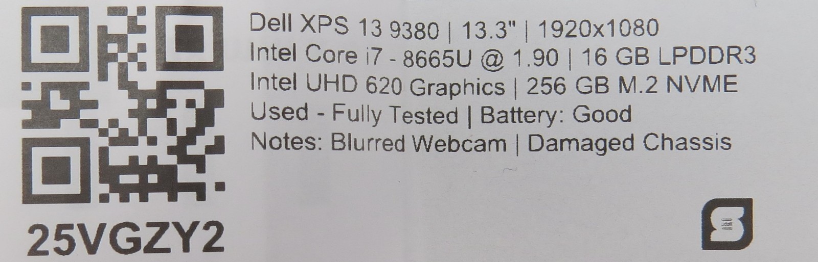 Dell XPS 13 9380 | i7-8665U @ 1.90 | 16GB RAM | 256GB M.2 NVME | No OS/AC