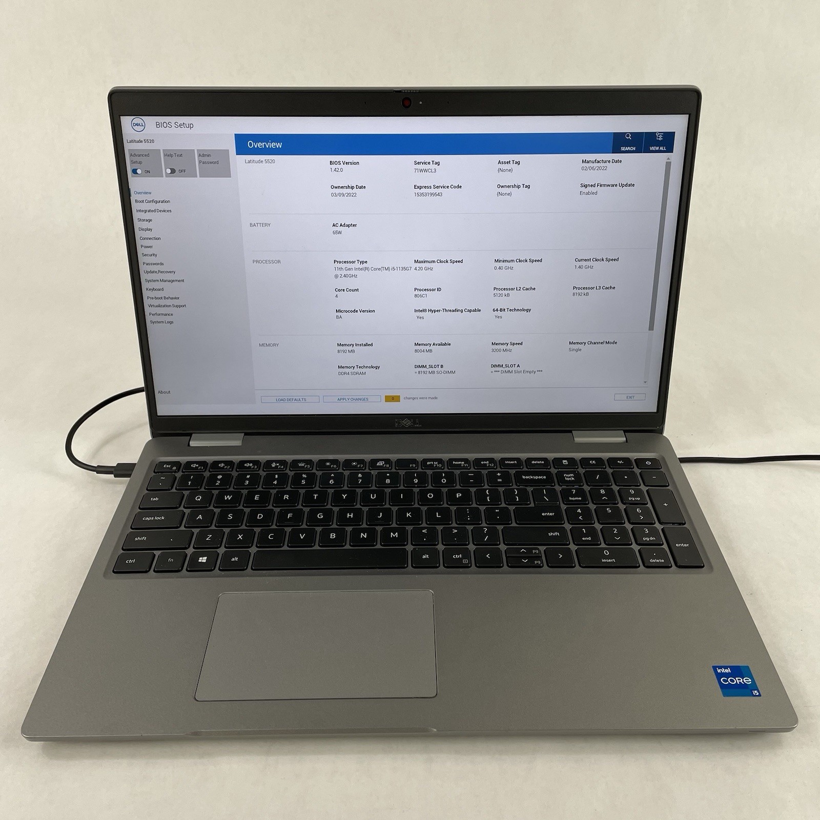Dell Latitude 5520 15.6″ i5-1135G7 2.40 GHz 8GB RAM No SSD No OS No Battery READ