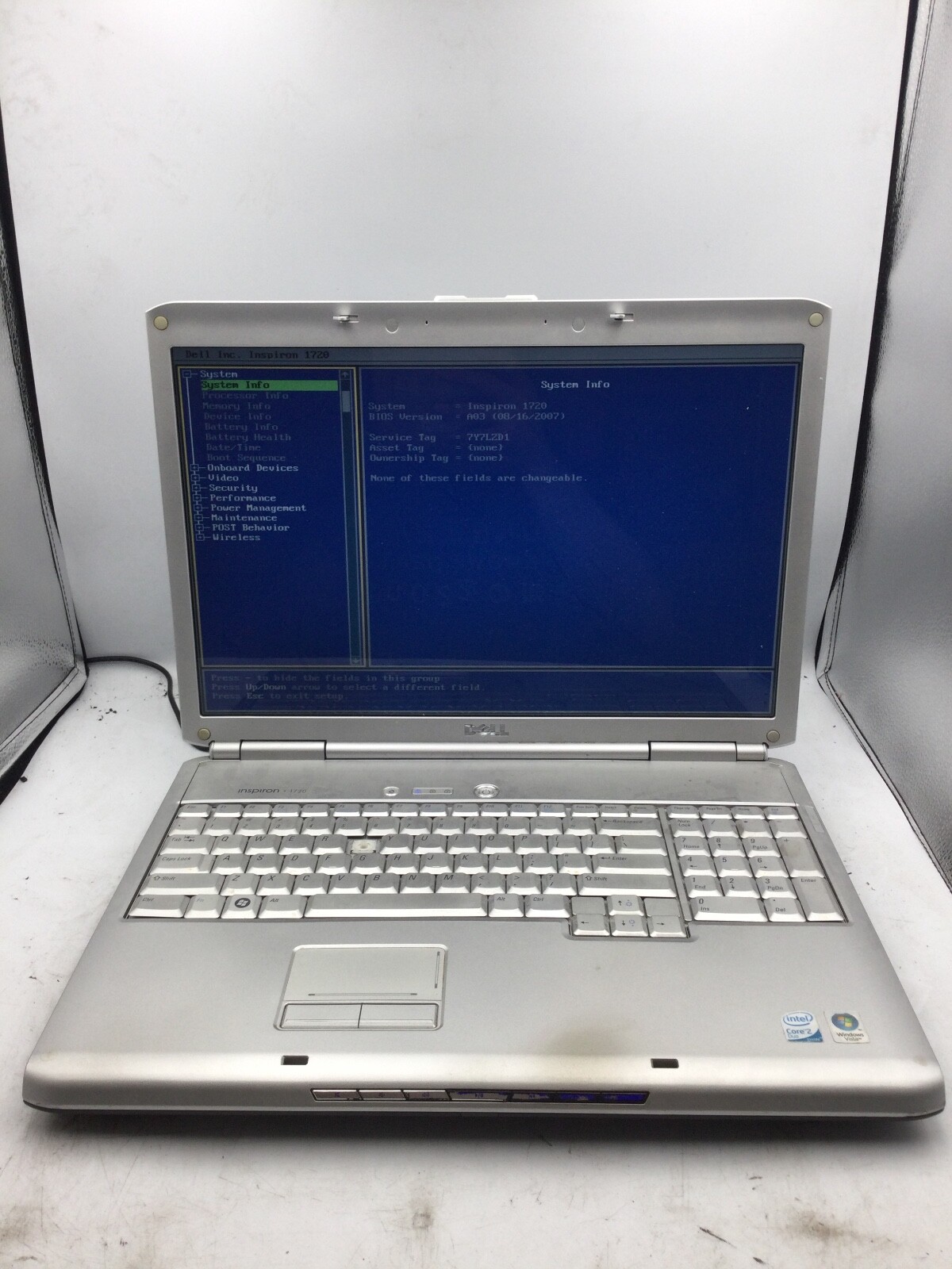 DELL INSPIRON 1720 – BOOTS TO BIOS – INTEL CORE 2 DUO – 512MB RAM -READ DESC- BB