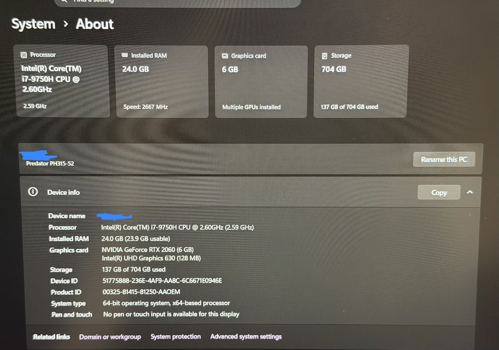 Acer Predator Helios PH315-52, Intel i7, RTX 2060 24GB RAM 256GB SSD + 512G HDD