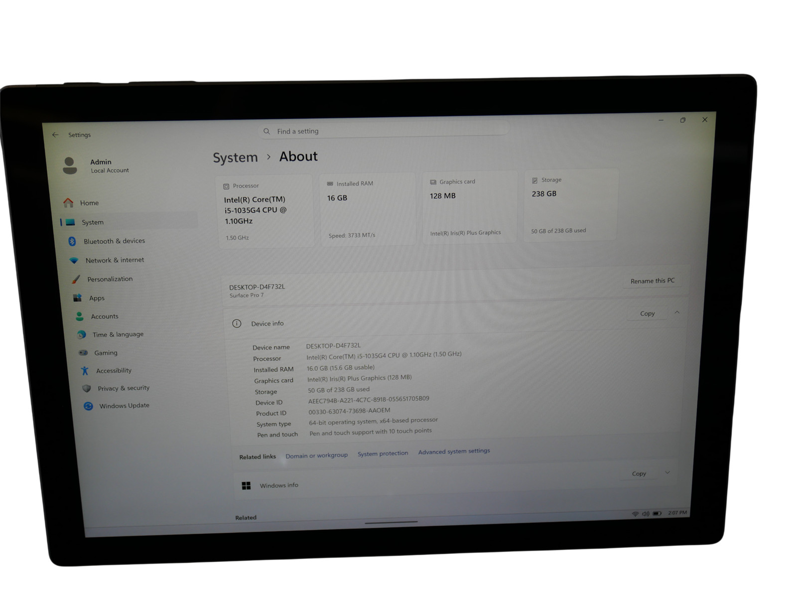 Microsoft Surface Pro 7 1866 Core i5-1035G4 1.10GHz 16GB 256GB SSD