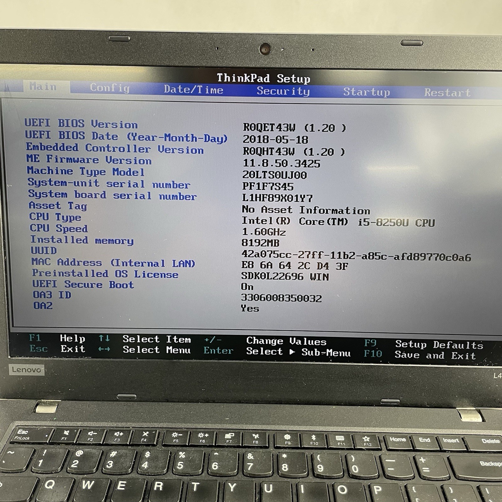 Lenovo ThinkPad L480 14″ i5-8250U 1.60 GHz 8 GB RAM No SSD/OS/AC