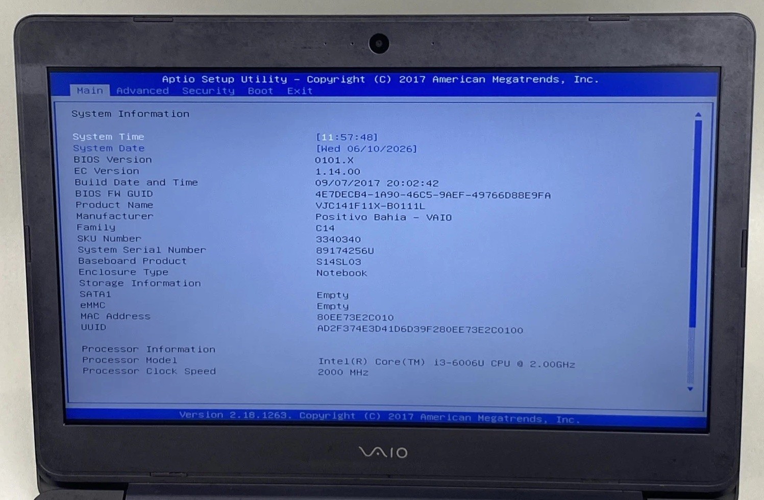 Sony Vaio VJC141 Intel Core i3-6006U 2.00GHz 4GB RAM 14″ No HDD No OS