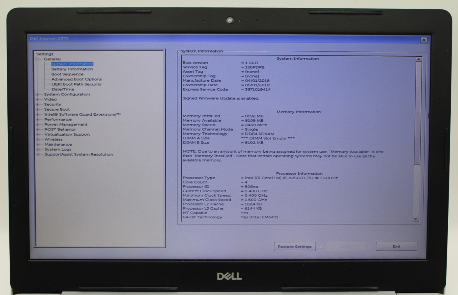 Dell Inspiron 5570 i5-8250U@1.6GHz 8GB DDR4 NO STORAGE/OS *USED TESTED*