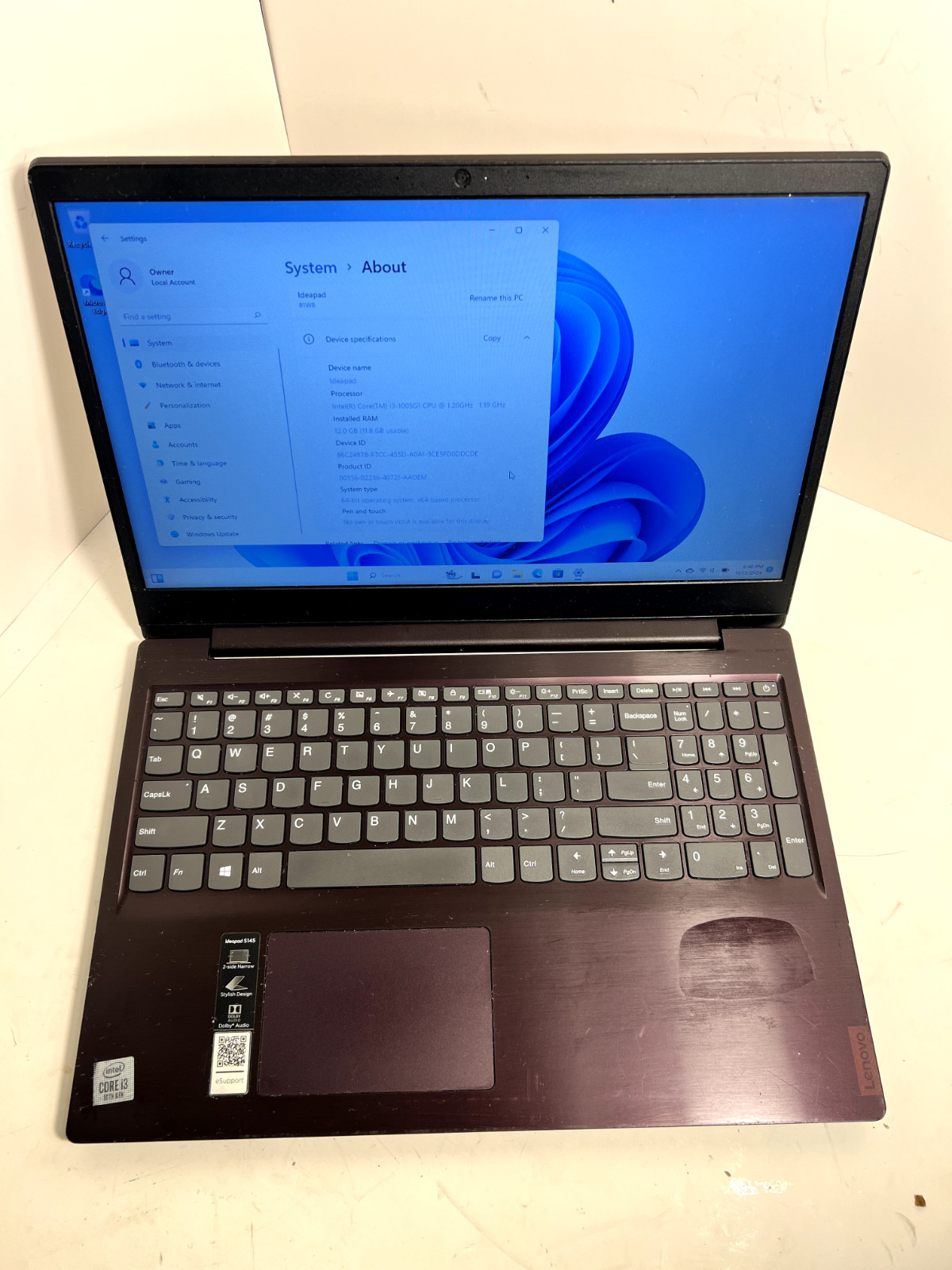 Lenovo IdeaPad S145-15IIL i3-1005G1 1.2GHz 12 GB Ram 160 GB SSD Windows 11 *READ
