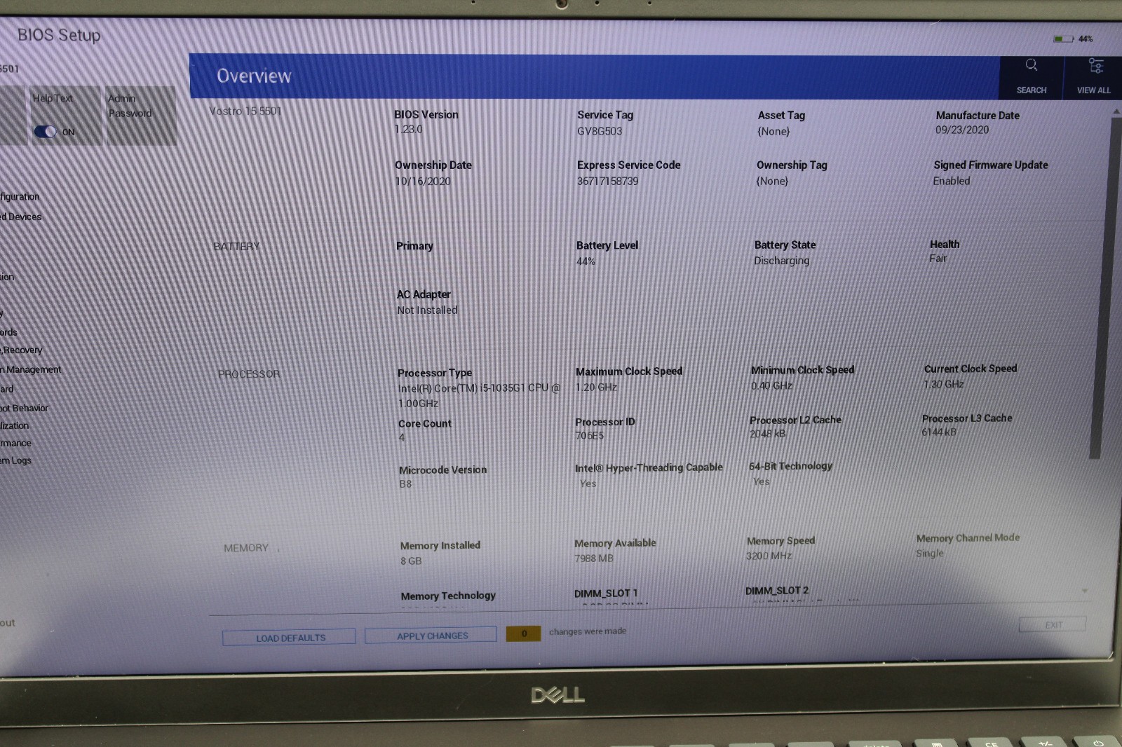 Dell Vostro 5501 i5-1035G1 @ 1.00 GHz 8GB RAM 512GB SSD W11P