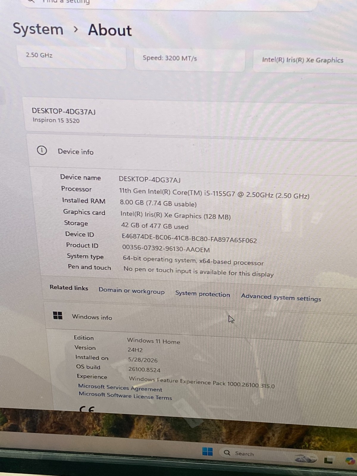 DELL INSPIRON 15 3520 i5-1155G7@2.50GHz 8GB RAM 512GB SSD NVMe W11H