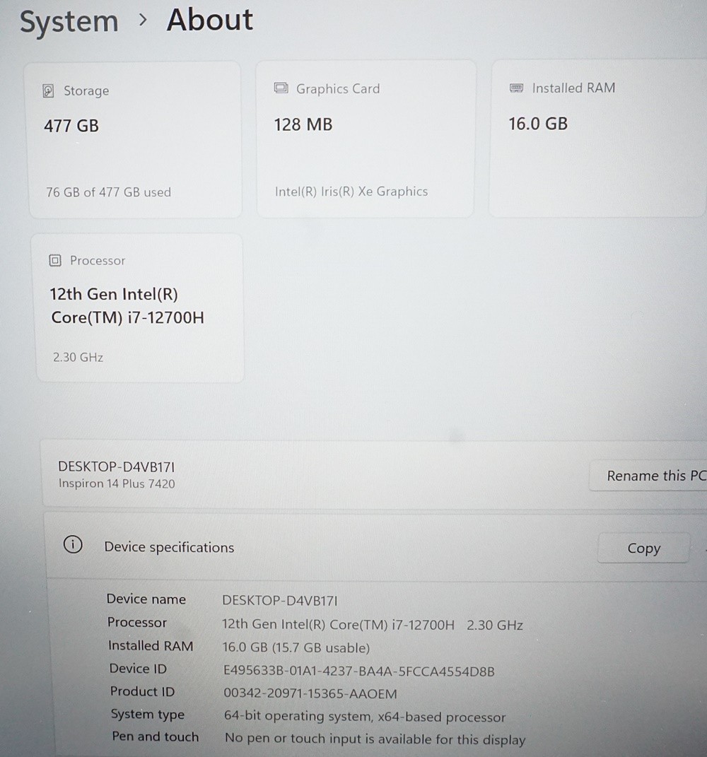 Dell Inspiron 14 Plus 7420 14″ i7-12700H 2.3GHz 16GB RAM 512GB SSD