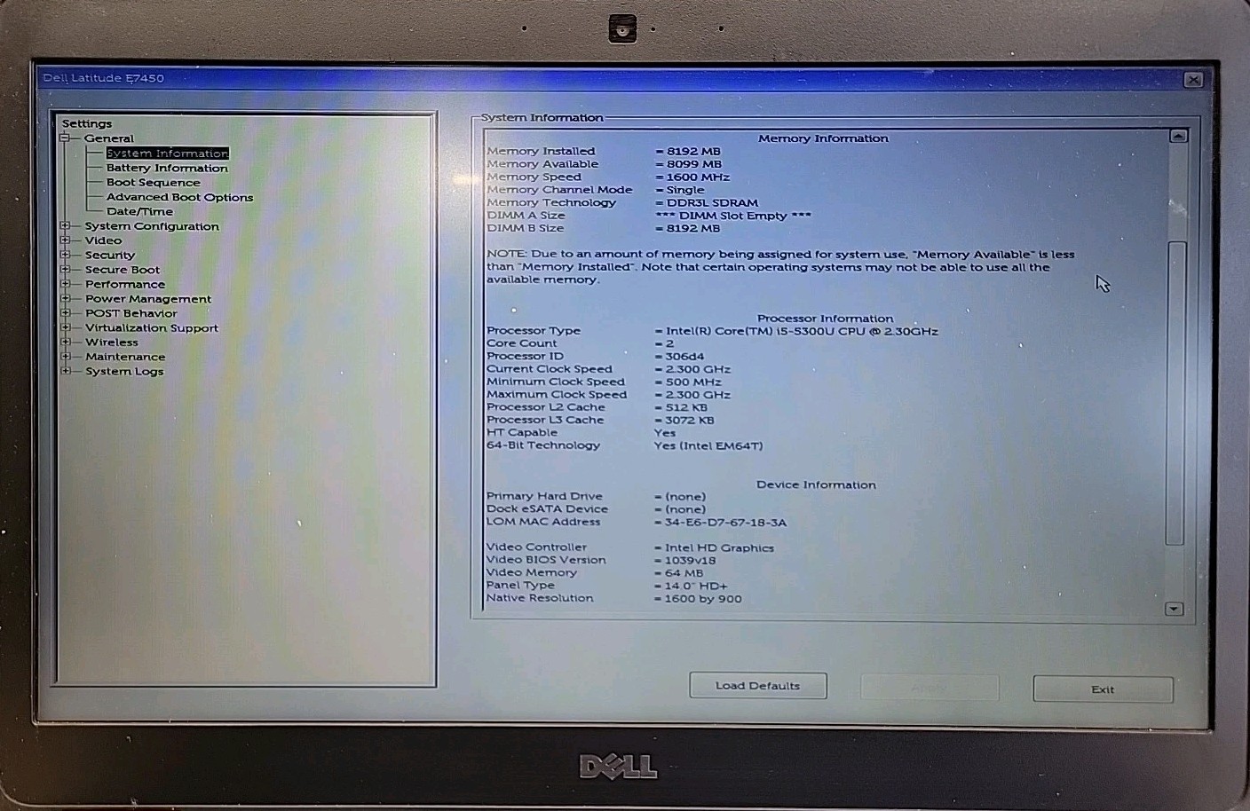 Dell Latitude E7450, Intel Core i5-5300U @ 2.3GHz, 8GB RAM, NO SSD, NO OS
