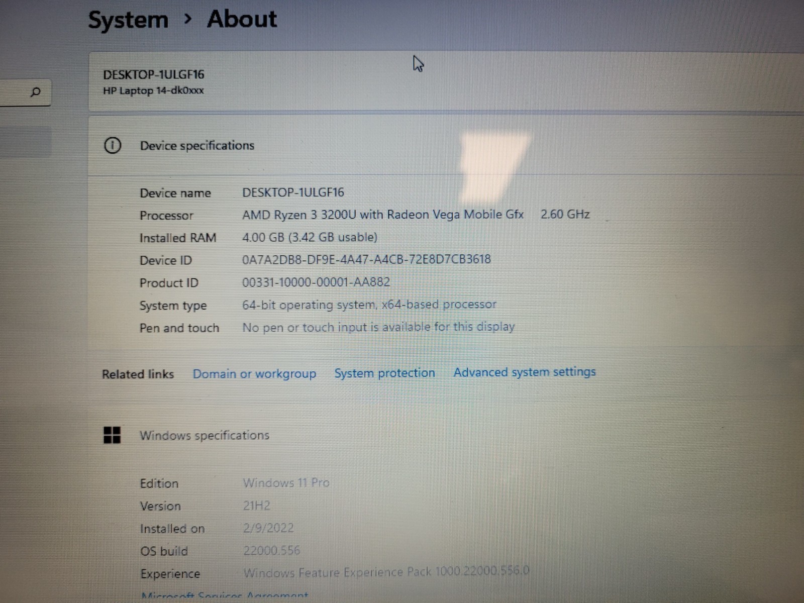 Hp laptop 14-dk0xxx 14″ amd ryzen3 3200u 2600mhz 4gb ram 128gb ssd 5CG9242JWK
