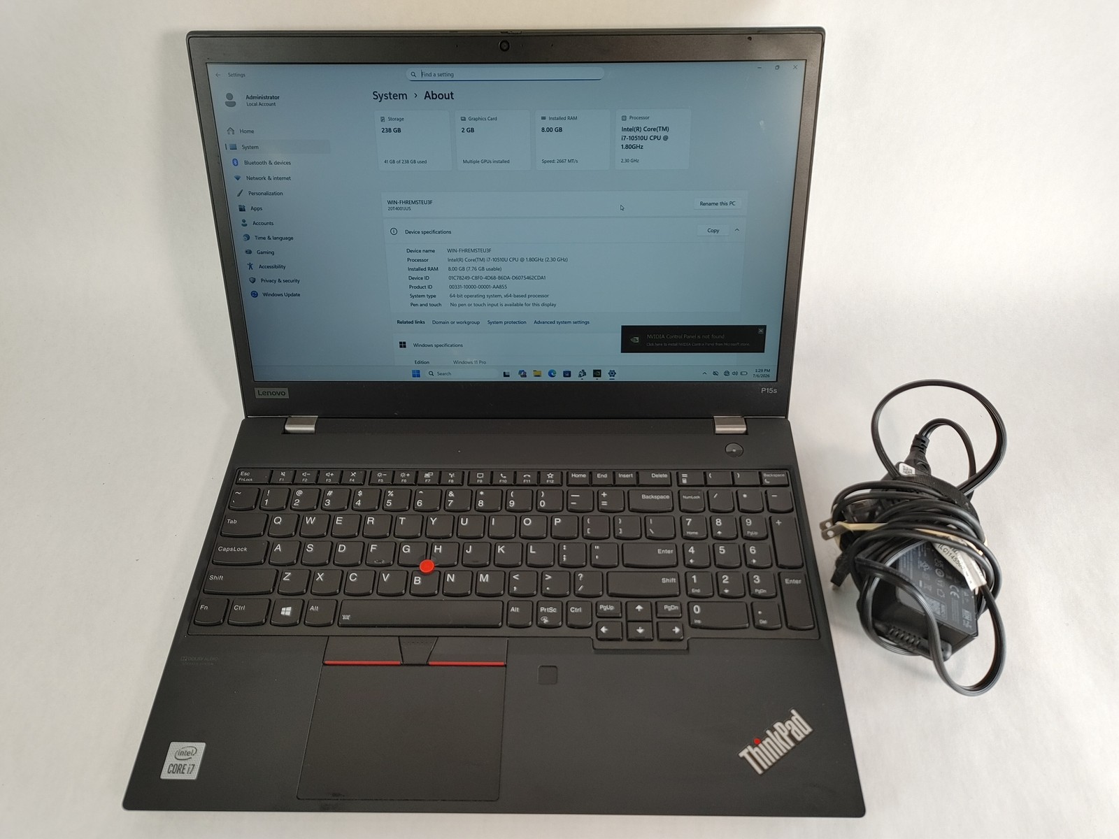 Lenovo ThinkPad P15s Gen 1 Core i7-10510U 1.80 GHz 8 GB DDR4 256 GB NVMe Windows