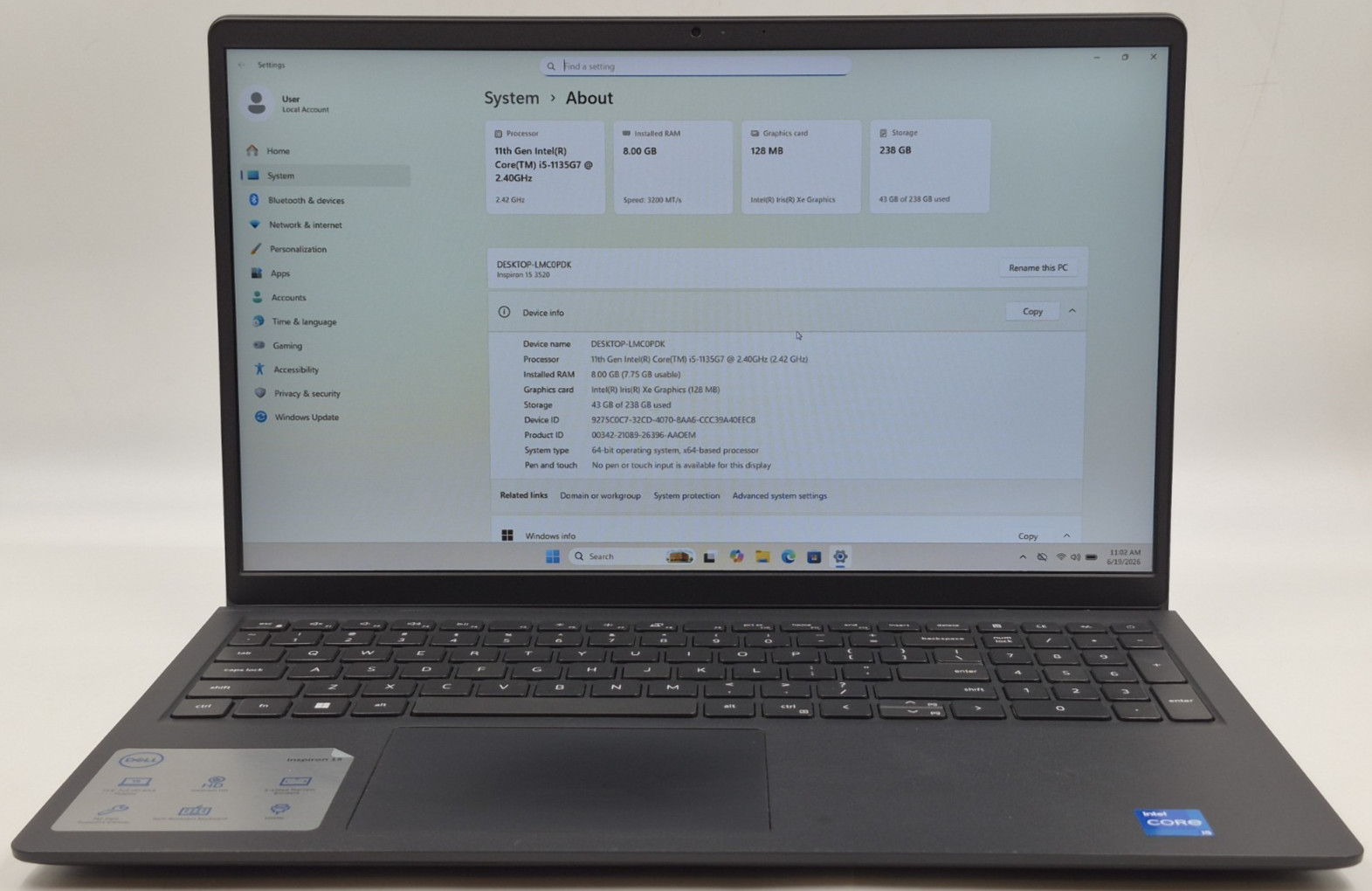 Dell Inspiron 15 3520 Laptop i5-1135G7 2.40GHz 8GB RAM 256GB NVMe W11P